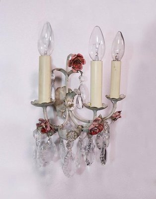 Italian Wall Sconces in Tole & Crystal, Italy, 1940s, Set of 2-DEK-932491