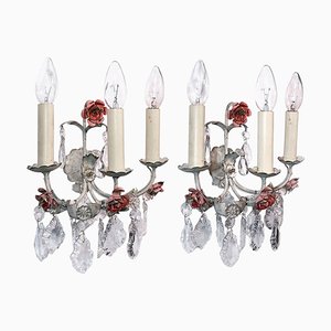 Italian Wall Sconces in Tole & Crystal, Italy, 1940s, Set of 2-DEK-932491