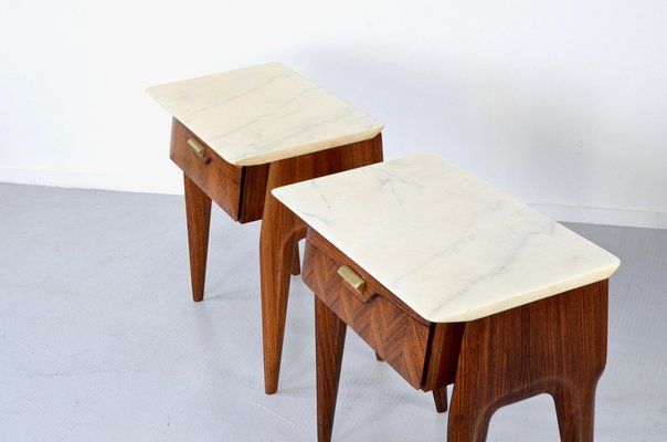 Italian Walnut and Carrara Marble Nightstands, 1960s, Set of 2-DUG-2041243