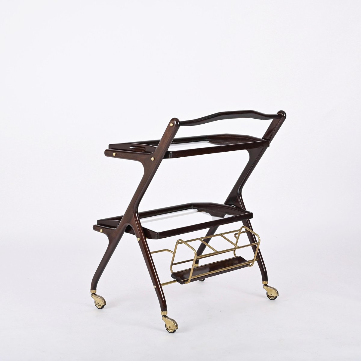 Italian Walnut, Brass and Glass Bar Cart with Bottle Holder by Cesare Lacca, 1950s