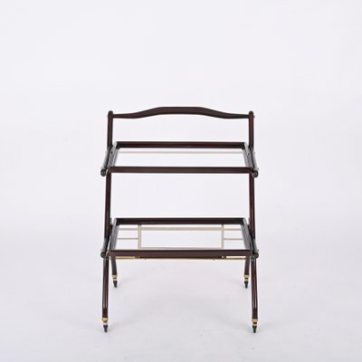 Italian Walnut, Brass and Glass Bar Cart with Bottle Holder by Cesare Lacca, 1950s-JDR-1779822