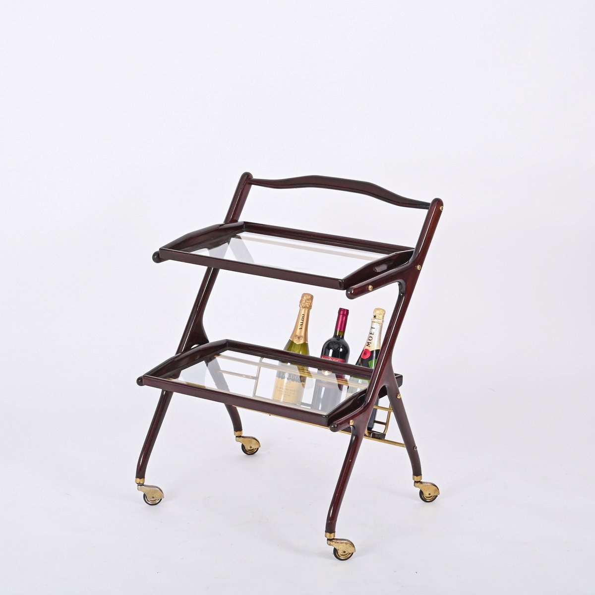 Italian Walnut, Brass and Glass Bar Cart with Bottle Holder by Cesare Lacca, 1950s