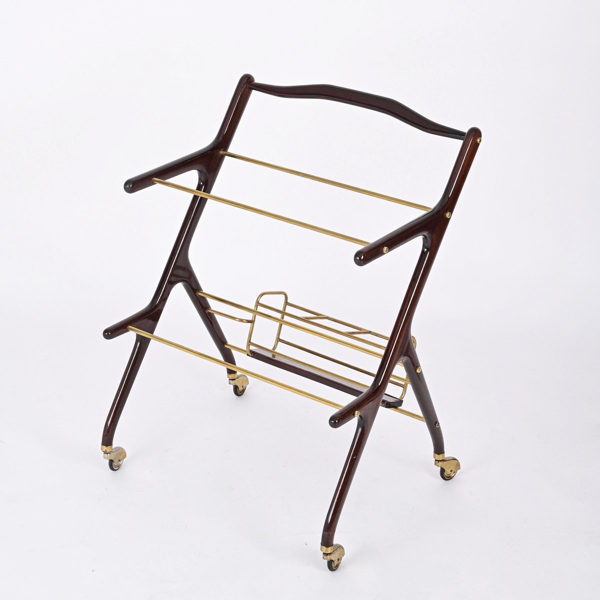 Italian Walnut, Brass and Glass Bar Cart with Bottle Holder by Cesare Lacca, 1950s