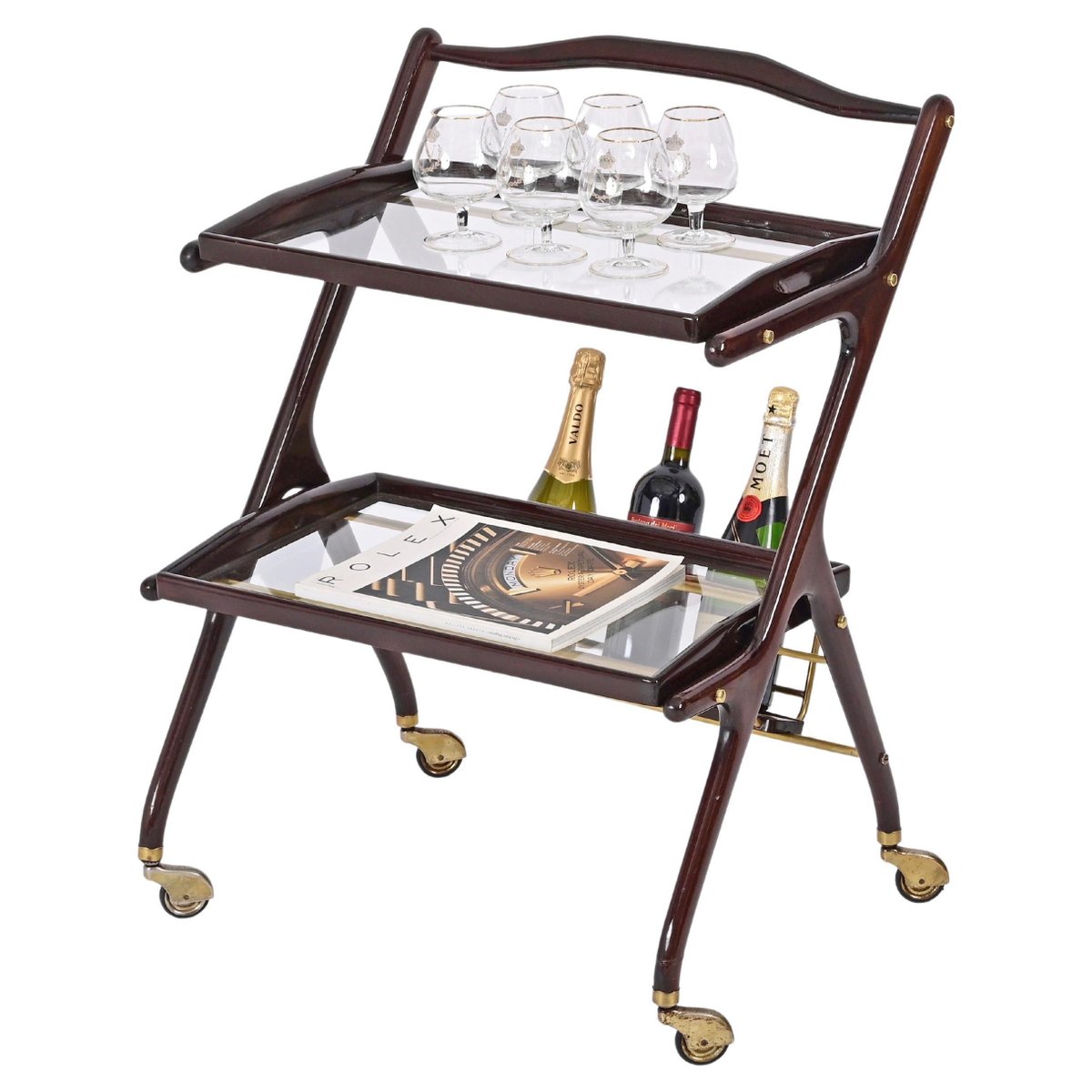 Italian Walnut, Brass and Glass Bar Cart with Bottle Holder by Cesare Lacca, 1950s