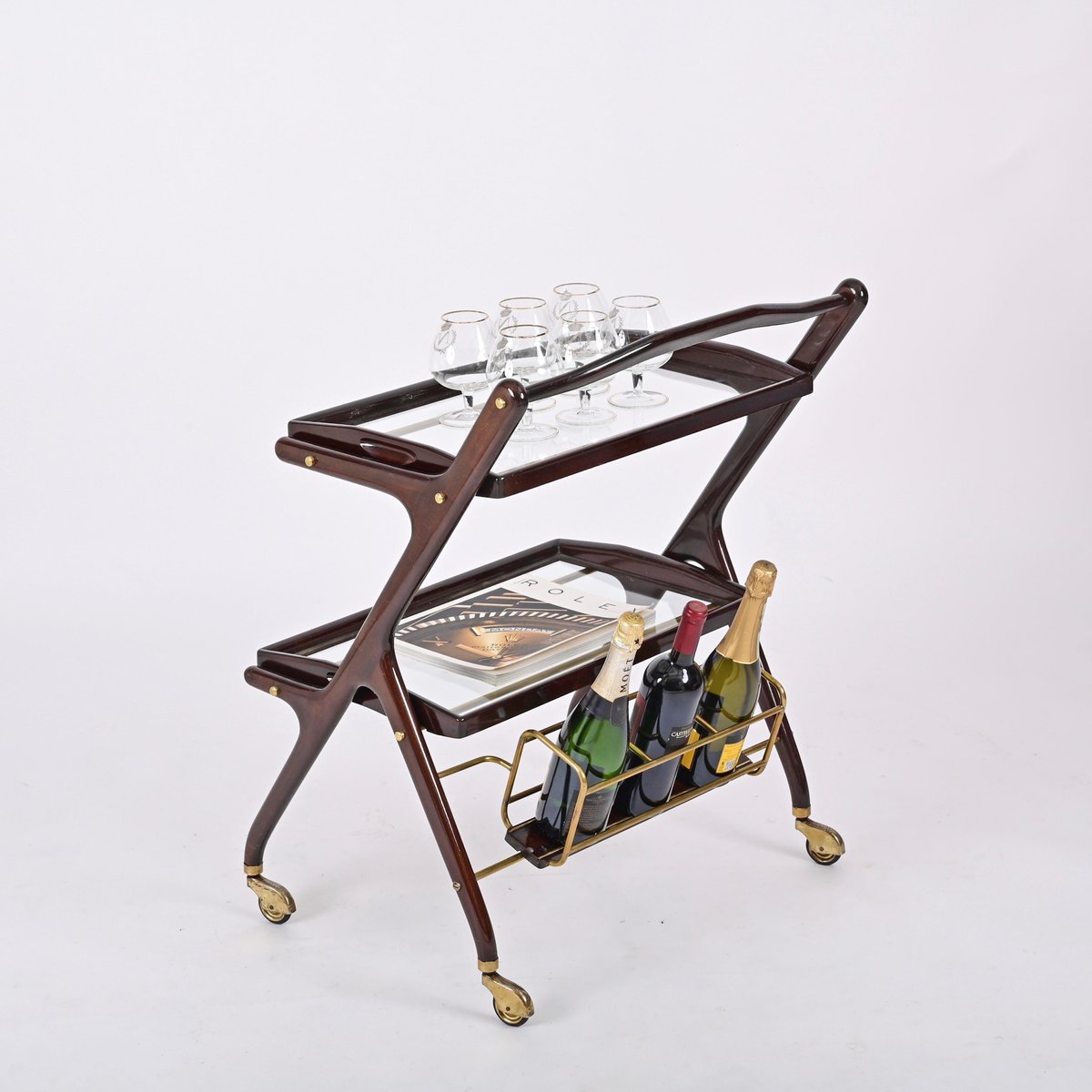 Italian Walnut, Brass and Glass Bar Cart with Bottle Holder by Cesare Lacca, 1950s