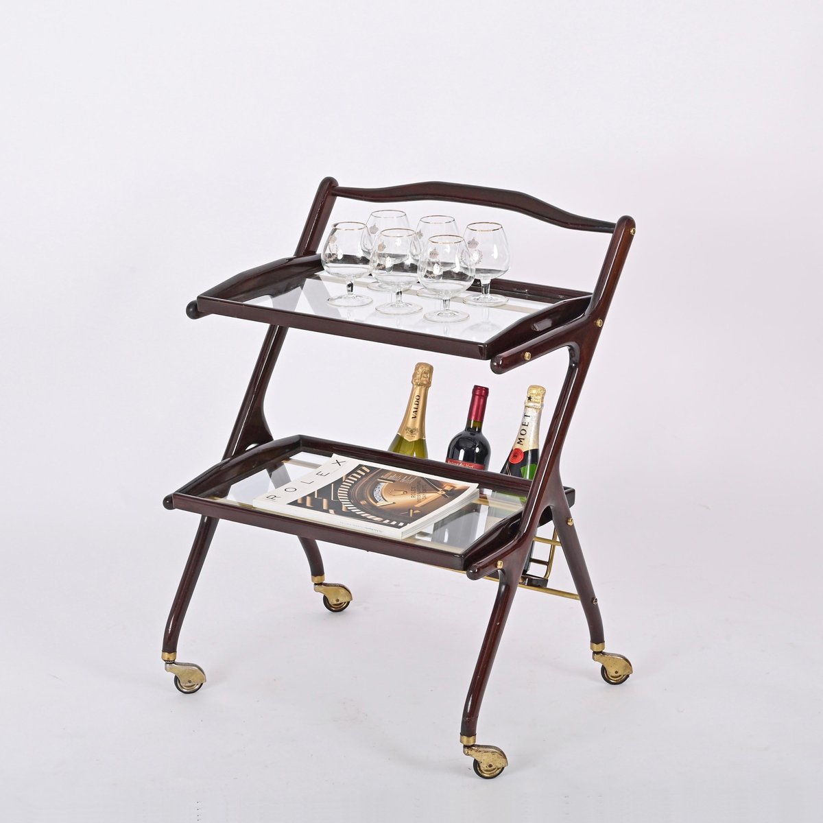 Italian Walnut, Brass and Glass Bar Cart with Bottle Holder by Cesare Lacca, 1950s