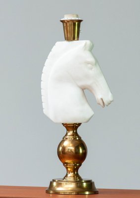 Italian White Hand Cut Horse Head Alabaster Table Lamp, 1970s-JE-1331966