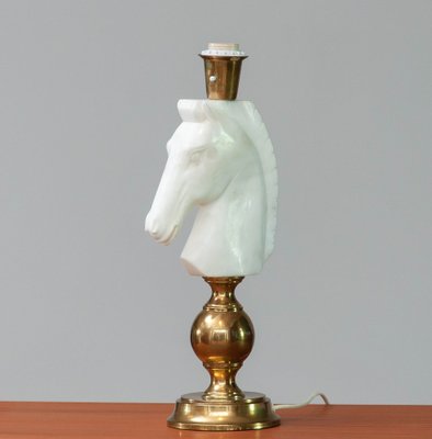 Italian White Hand Cut Horse Head Alabaster Table Lamp, 1970s-JE-1331966