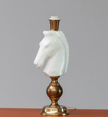 Italian White Hand Cut Horse Head Alabaster Table Lamp, 1970s-JE-1331966