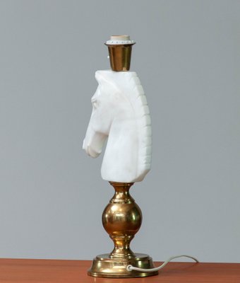 Italian White Hand Cut Horse Head Alabaster Table Lamp, 1970s-JE-1331966