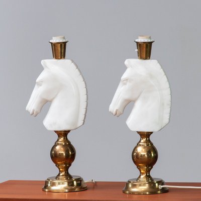 Italian White Horse Head Alabaster Table Lamps, 1970s, Set of 2-JE-1331960