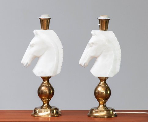 Italian White Horse Head Alabaster Table Lamps, 1970s, Set of 2-JE-1331960