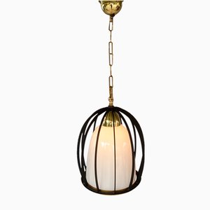 Italian White Opaline Glass Cage Ceiling Lamp, 1950s-AWL-1289279