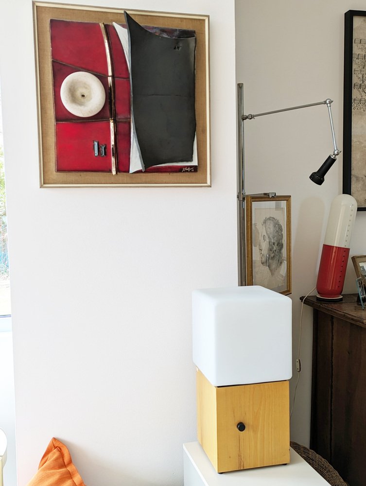 Italian White Sandblasted Glass & Wood Table Lamp with Dimmerable Lighting, 1970s