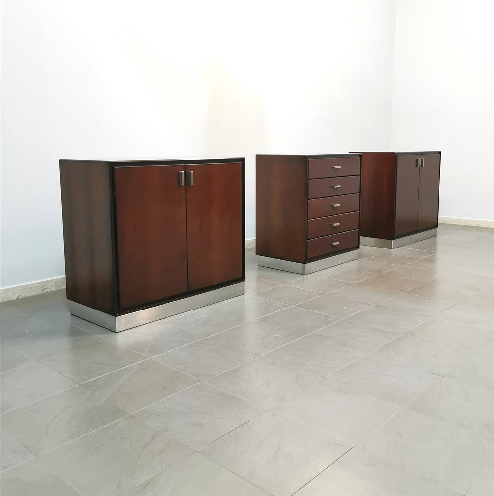 Italian Wood and Aluminum Buffets and 1 Chest of Drawers by Gianni Moscatelli for Formanova, 1970s, Set of 3