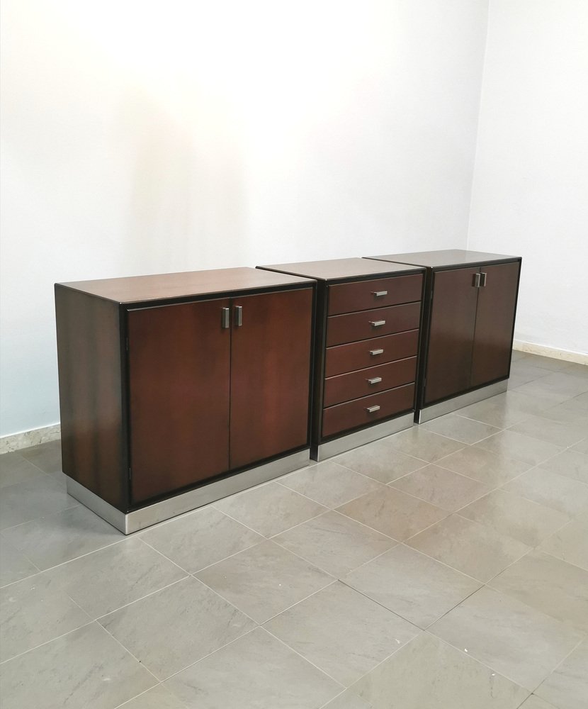 Italian Wood and Aluminum Buffets and 1 Chest of Drawers by Gianni Moscatelli for Formanova, 1970s, Set of 3