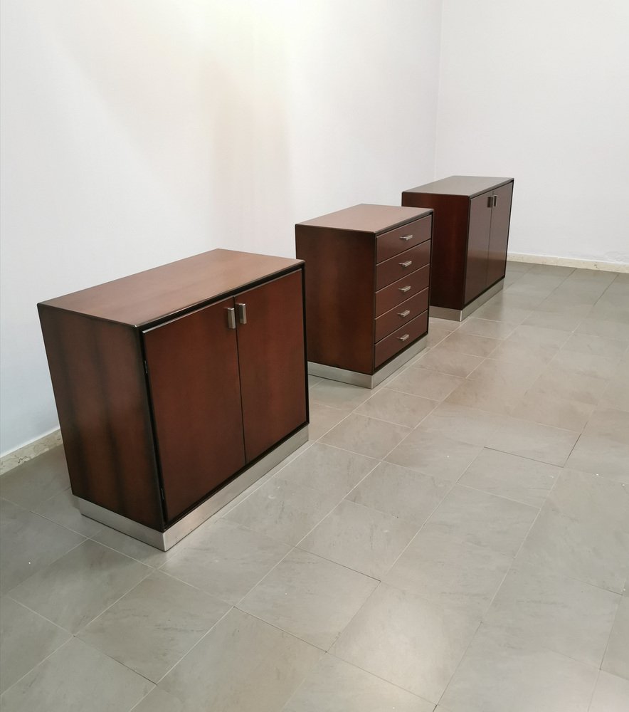 Italian Wood and Aluminum Buffets and 1 Chest of Drawers by Gianni Moscatelli for Formanova, 1970s, Set of 3