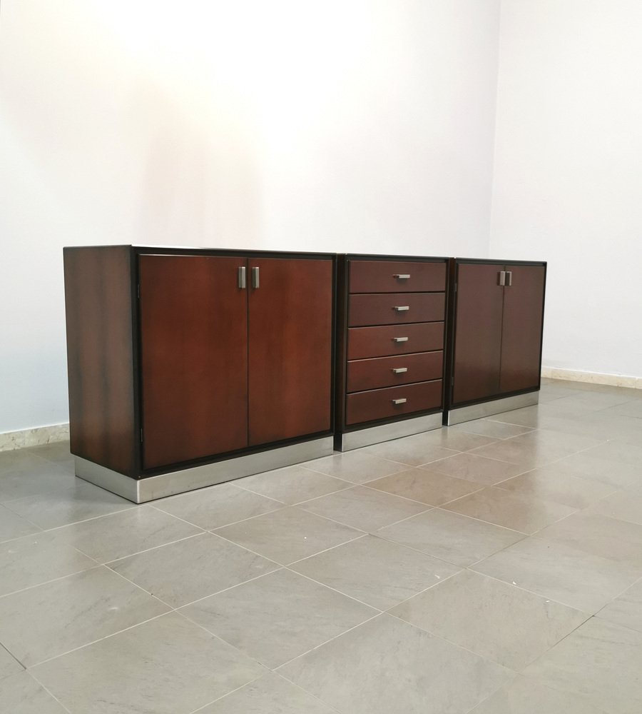 Italian Wood and Aluminum Buffets and 1 Chest of Drawers by Gianni Moscatelli for Formanova, 1970s, Set of 3