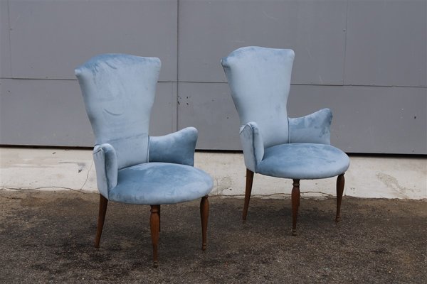 Italian Wood and Avio Velvet Lounge Chairs, 1950s, Set of 2-EH-705758