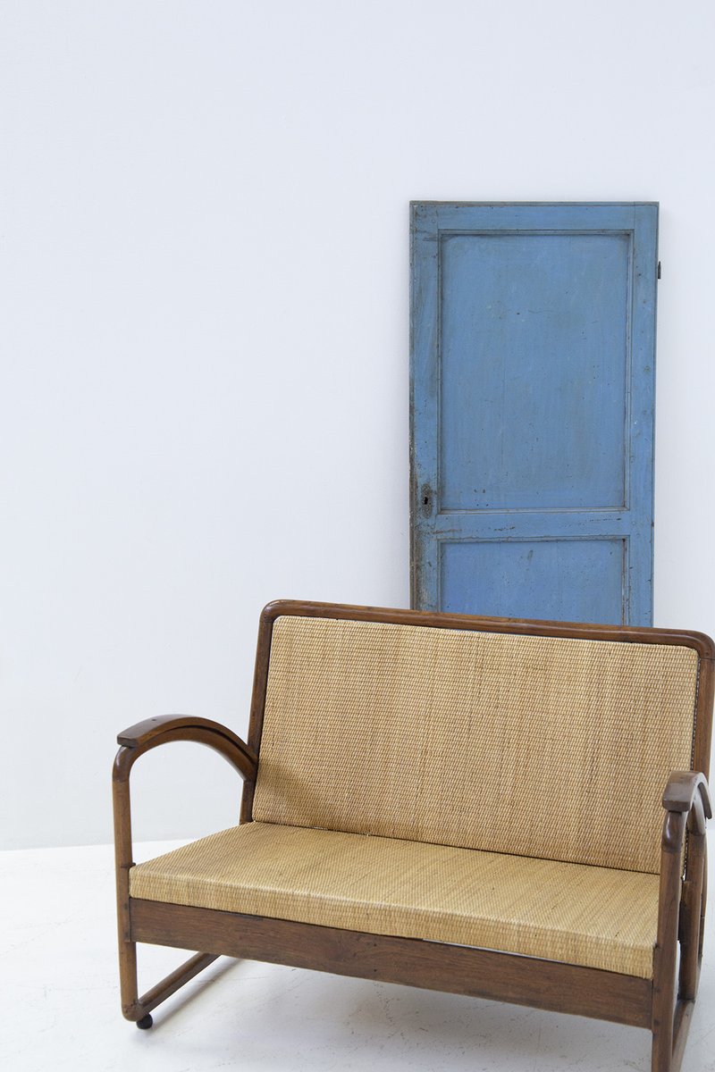 Italian Wood and Rattan Rationalist Loveseat, 1920s