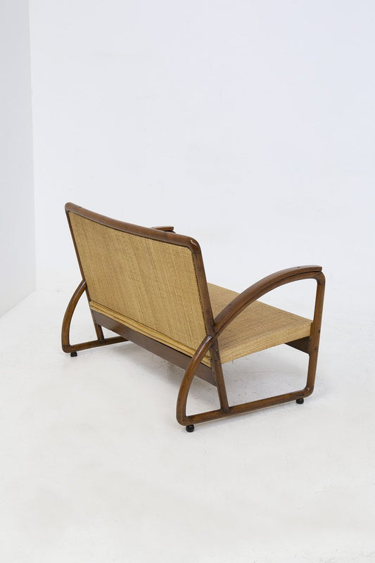 Italian Wood and Rattan Rationalist Loveseat, 1920s