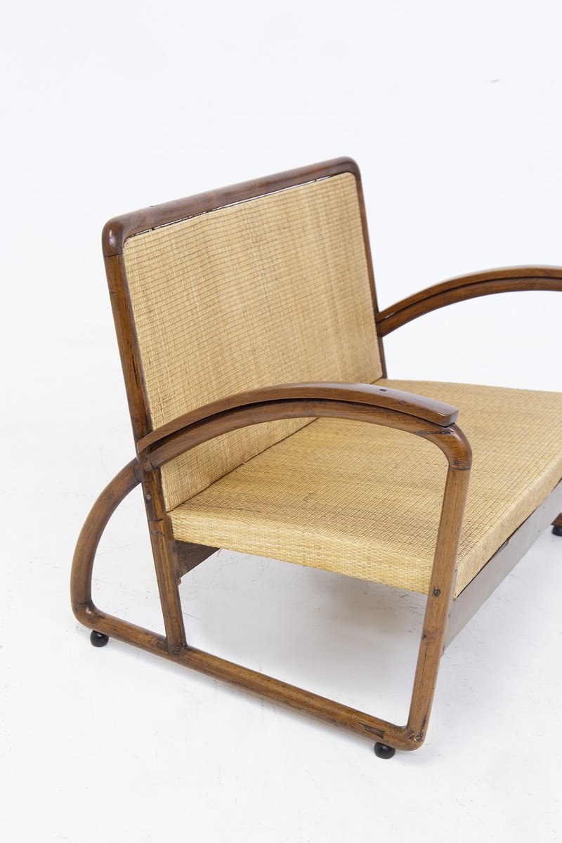 Italian Wood and Rattan Rationalist Loveseat, 1920s