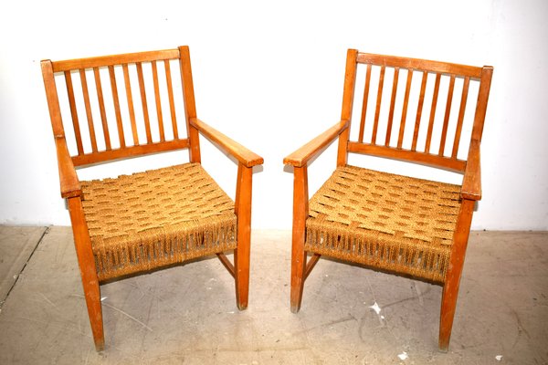 Italian Wood & Cord Lounge Chairs, 1940s, Set of 2-AOL-861439