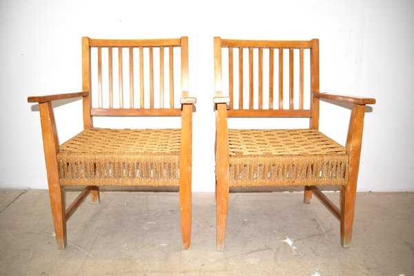 Italian Wood & Cord Lounge Chairs, 1940s, Set of 2-AOL-861439