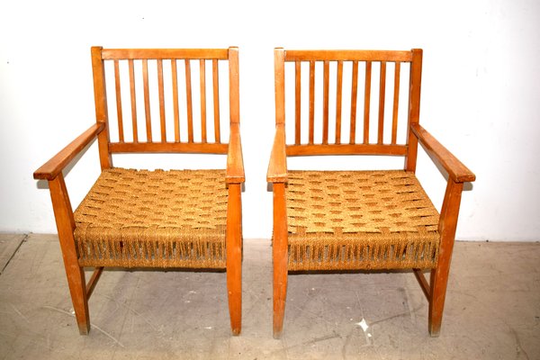 Italian Wood & Cord Lounge Chairs, 1940s, Set of 2-AOL-861439