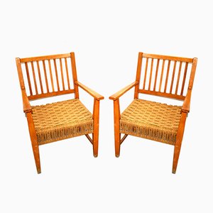 Italian Wood & Cord Lounge Chairs, 1940s, Set of 2-AOL-861439