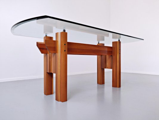 Italian Wood Dining Table with Glass Top by Franco Poli for Bernini C., 1979-FGA-923703