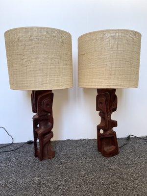 Italian Wood Sculpture Lamps by Gianni Pinna, 1970s, Set of 2-FUE-1264227