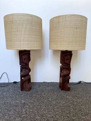 Italian Wood Sculpture Lamps by Gianni Pinna, 1970s, Set of 2-FUE-1264227