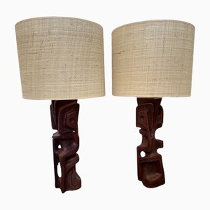 Italian Wood Sculpture Lamps by Gianni Pinna, 1970s, Set of 2-FUE-1264227