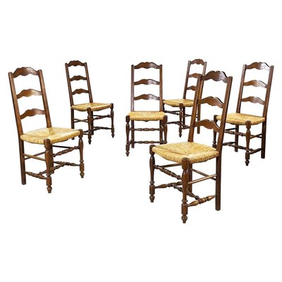 Italian Wooden and Straw Chairs, Late 1800s, Set of 6-GDD-1135891