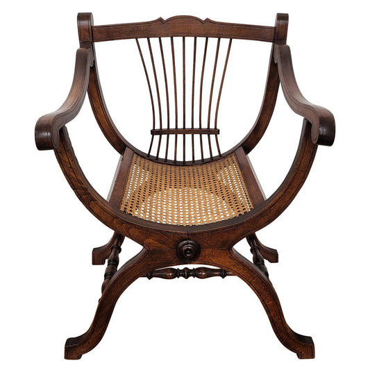 Italian Wooden Carved Caned Back Slatted Armchair, 1940s