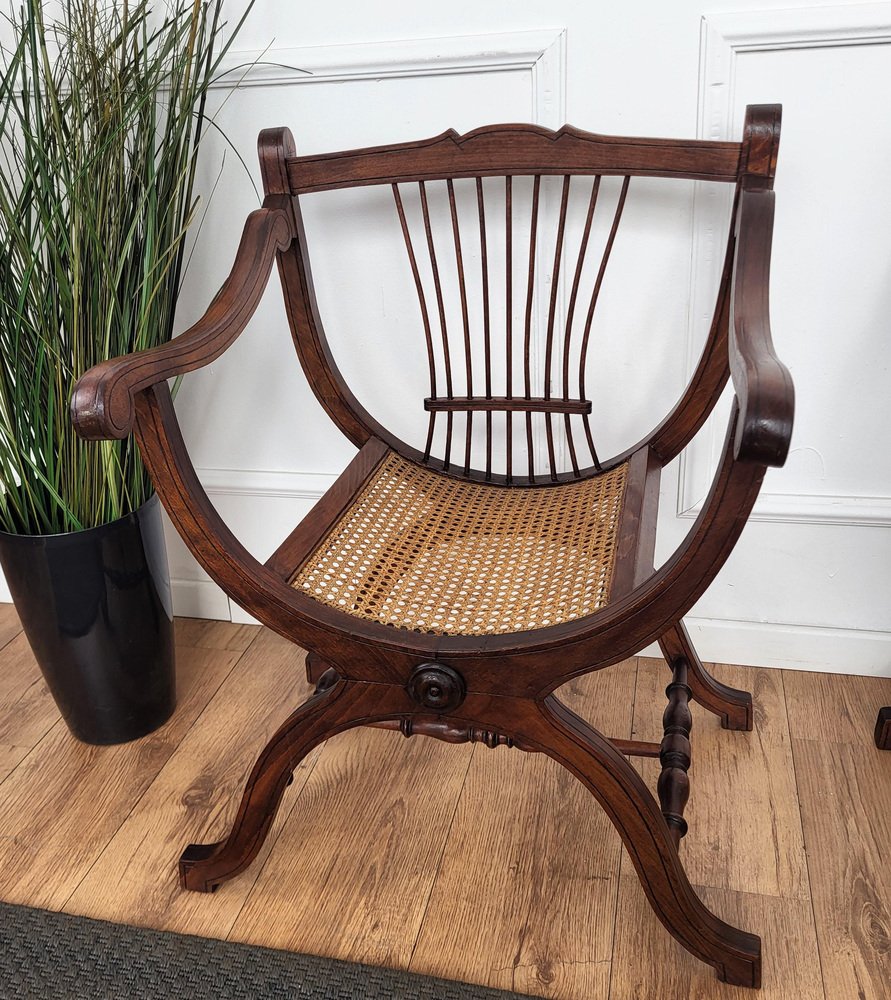 Italian Wooden Carved Caned Back Slatted Armchair, 1940s