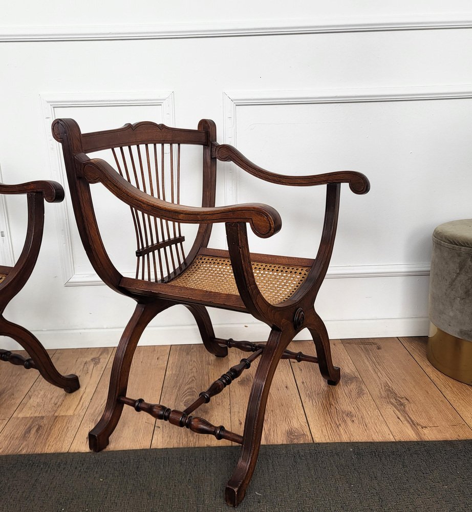 Italian Wooden Carved Caned Back Slatted Armchair, 1940s