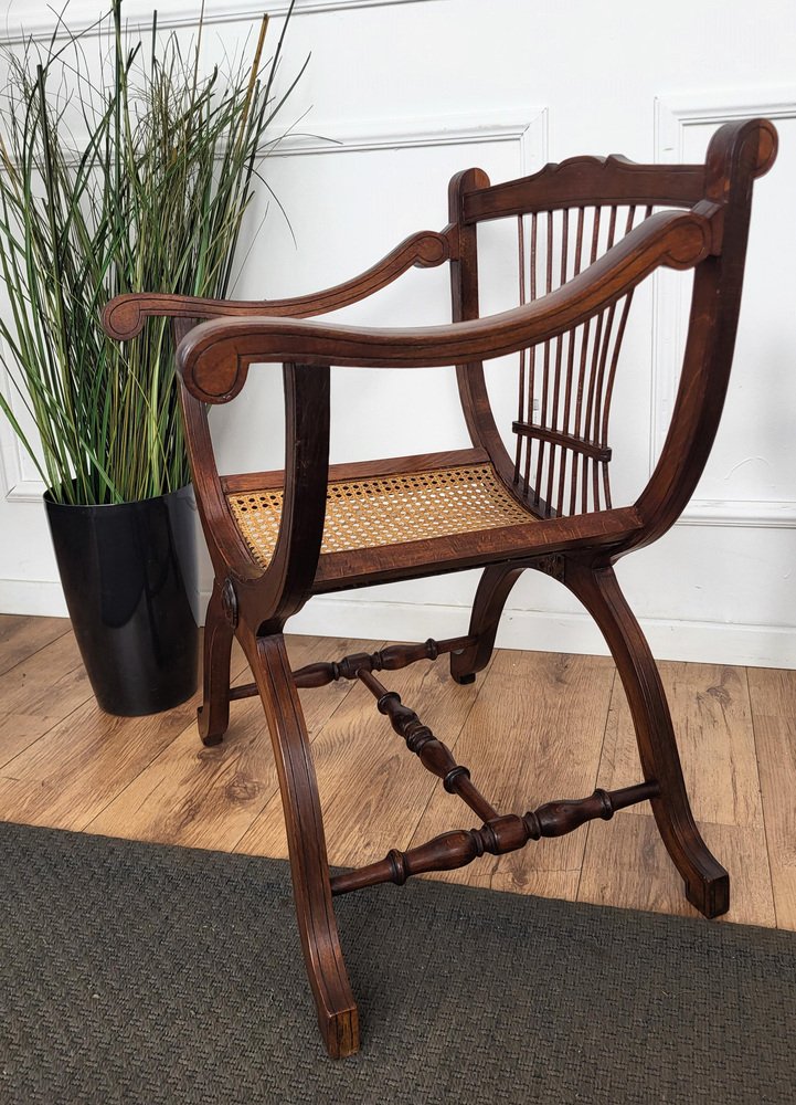 Italian Wooden Carved Caned Back Slatted Armchair, 1940s