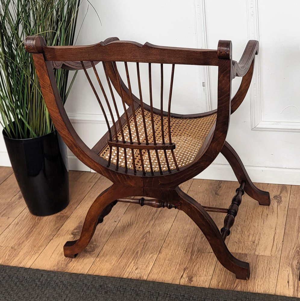 Italian Wooden Carved Caned Back Slatted Armchair, 1940s