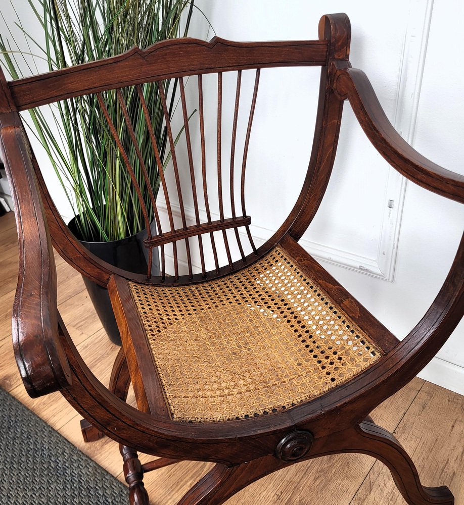 Italian Wooden Carved Caned Back Slatted Armchair, 1940s