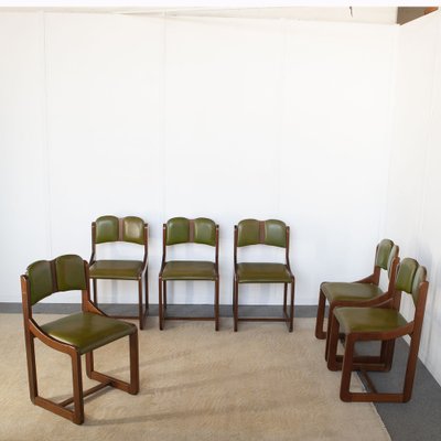 Italian Wooden Chairs with Green Leather Seats, 1960s, Set of 6-JQO-1740651