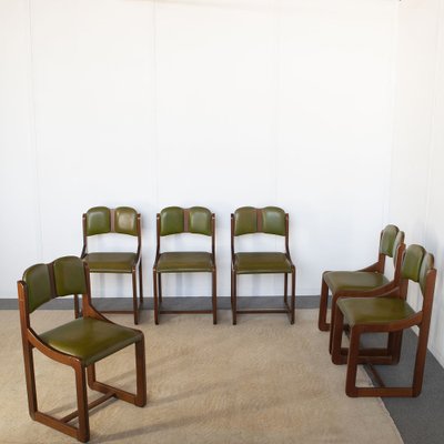 Italian Wooden Chairs with Green Leather Seats, 1960s, Set of 6-JQO-1740651