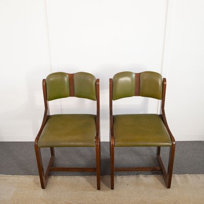 Italian Wooden Chairs with Green Leather Seats, 1960s, Set of 6-JQO-1740651