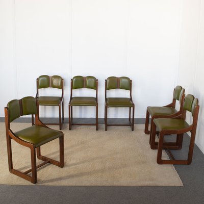 Italian Wooden Chairs with Green Leather Seats, 1960s, Set of 6-JQO-1740651