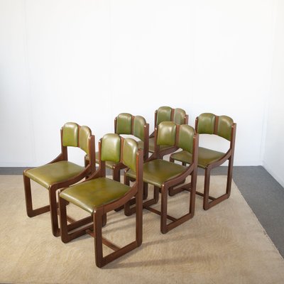 Italian Wooden Chairs with Green Leather Seats, 1960s, Set of 6-JQO-1740651