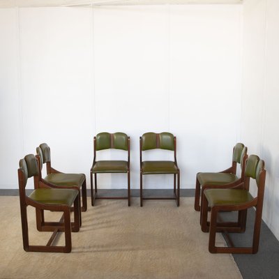 Italian Wooden Chairs with Green Leather Seats, 1960s, Set of 6-JQO-1740651