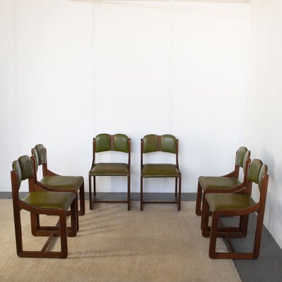 Italian Wooden Chairs with Green Leather Seats, 1960s, Set of 6-JQO-1740651