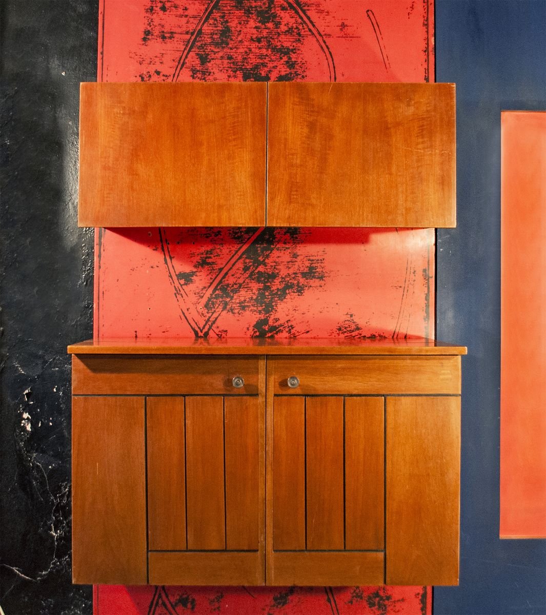 Italian Wooden Mobile Wall Unit with Bar Cabinet Decorated with Boiserie, 1958