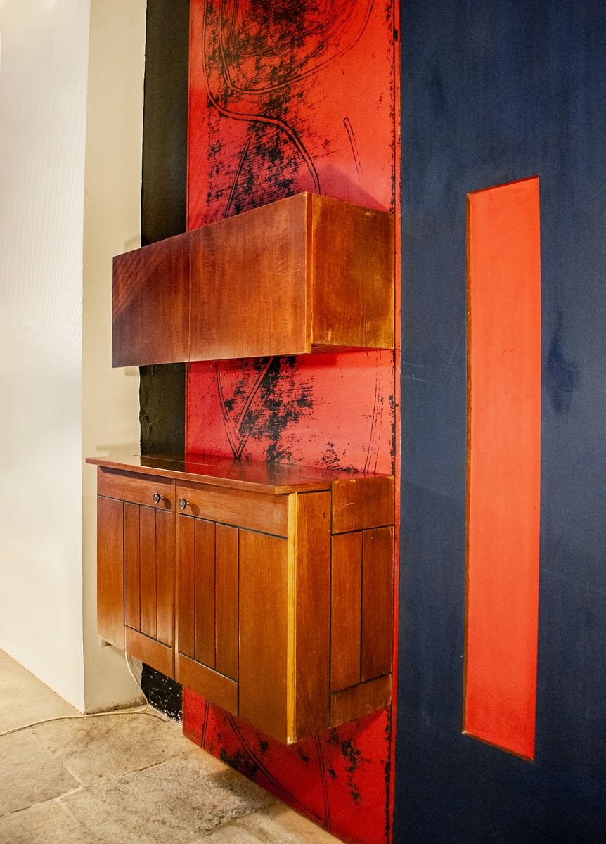 Italian Wooden Mobile Wall Unit with Bar Cabinet Decorated with Boiserie, 1958